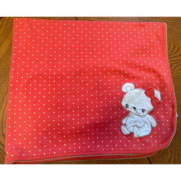 Gymboree Coral Gold Polka Dot Bear Baby Receiving Blanket Bow Cotton Knit - Picture 1 of 5
